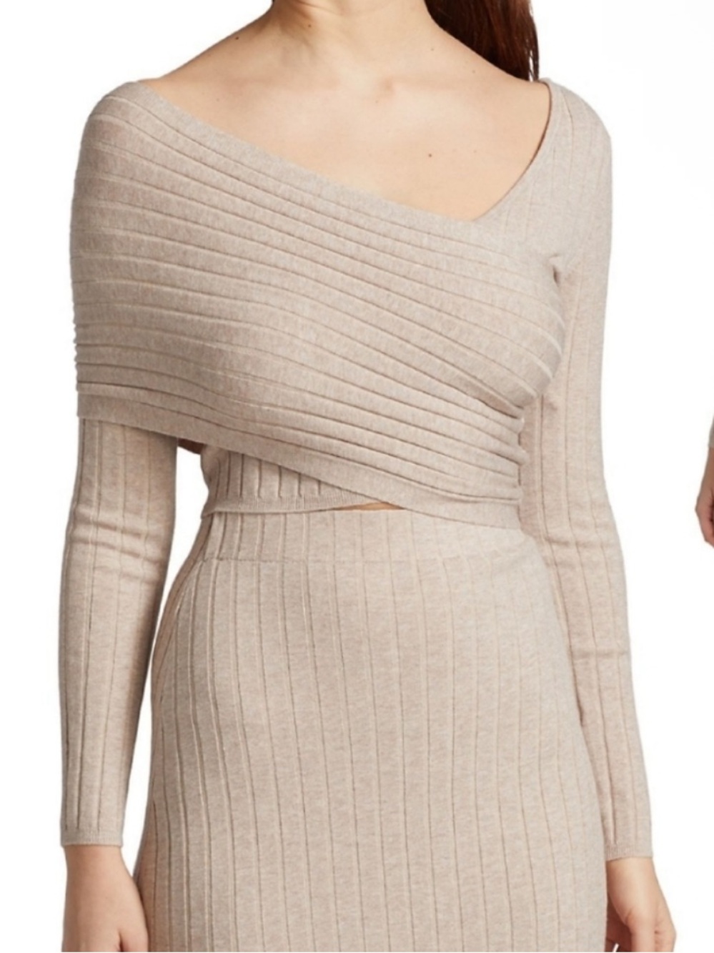 Ronny Kobo Rosette Oatmeal Asymmetrical Wrap Ribbed Knit Crop Top Neutral Date